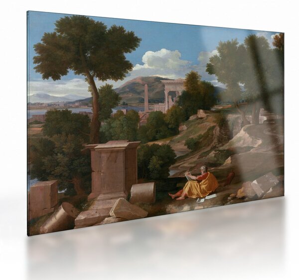 Skleněný obraz - Nicolas Poussin, Landscape with Saint John on Patmos, reprodukce (70x50 cm)