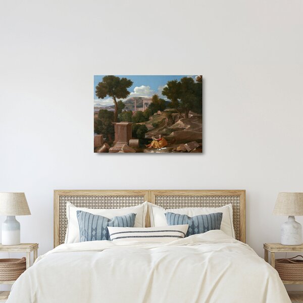 Skleněný obraz - Nicolas Poussin, Landscape with Saint John on Patmos, reprodukce (70x50 cm)