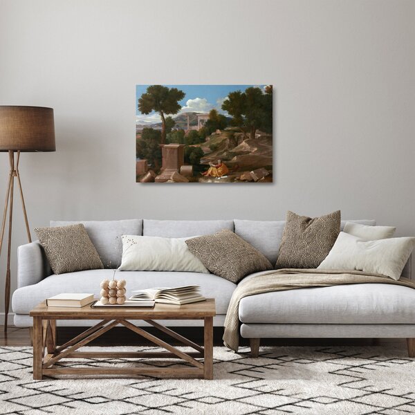 Skleněný obraz - Nicolas Poussin, Landscape with Saint John on Patmos, reprodukce (70x50 cm)