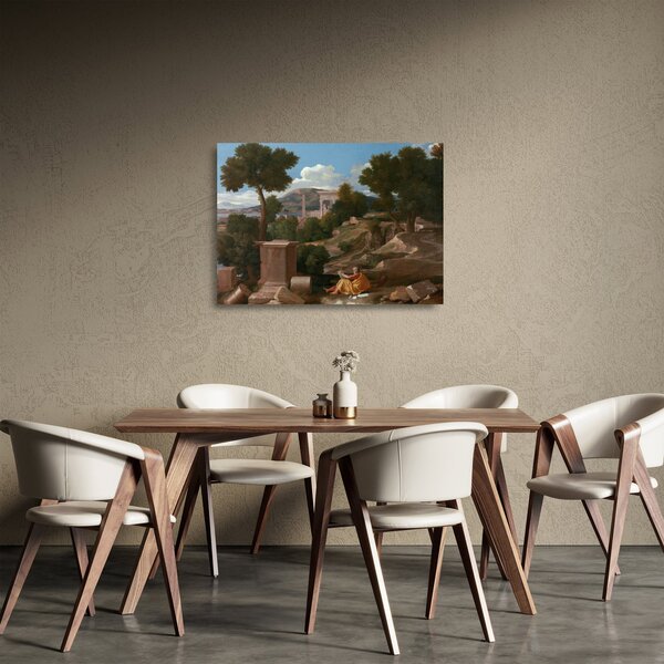 Skleněný obraz - Nicolas Poussin, Landscape with Saint John on Patmos, reprodukce (70x50 cm)