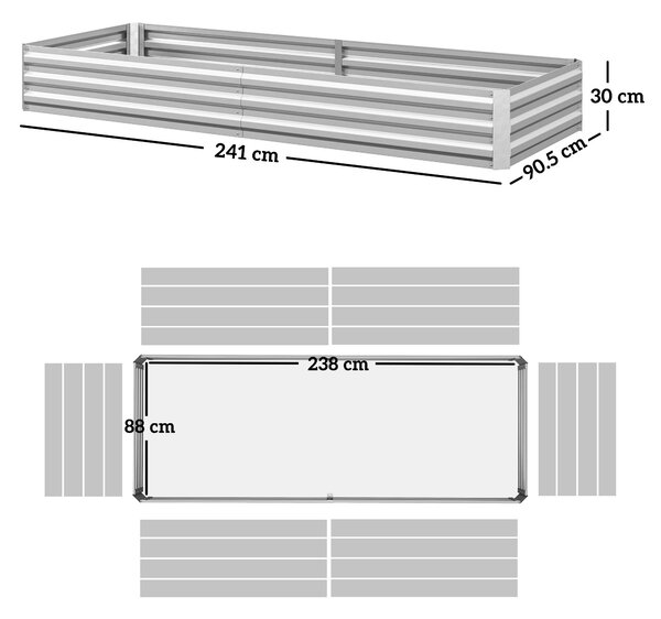 Outsunny Vyvýšený Zahradní Záhon pro Venkovní Použití, Pozinkovaný Ocelový Truhlík na Květiny a Zeleninu, pro Zahradu a Balkon, 241x90.5x30 cm, Stříbr
