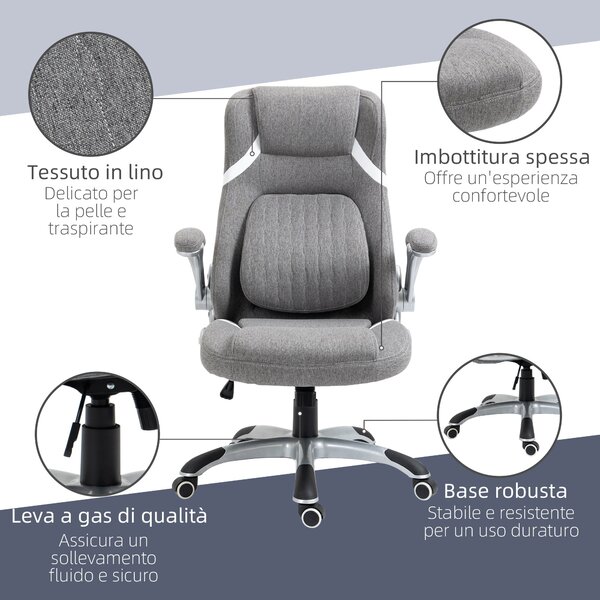 Vinsetto Ergonomická kancelářská židle s skládacími opěrkami a opěrkou hlavy, otočná pracovní židle s bederní oporou, výškově nastavitelná a s funkcí