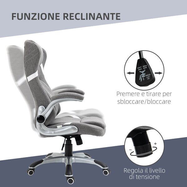 Vinsetto Ergonomická kancelářská židle s skládacími opěrkami a opěrkou hlavy, otočná pracovní židle s bederní oporou, výškově nastavitelná a s funkcí