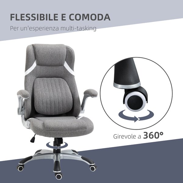 Vinsetto Ergonomická kancelářská židle s skládacími opěrkami a opěrkou hlavy, otočná pracovní židle s bederní oporou, výškově nastavitelná a s funkcí