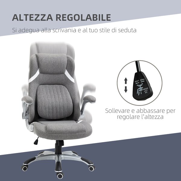 Vinsetto Ergonomická kancelářská židle s skládacími opěrkami a opěrkou hlavy, otočná pracovní židle s bederní oporou, výškově nastavitelná a s funkcí