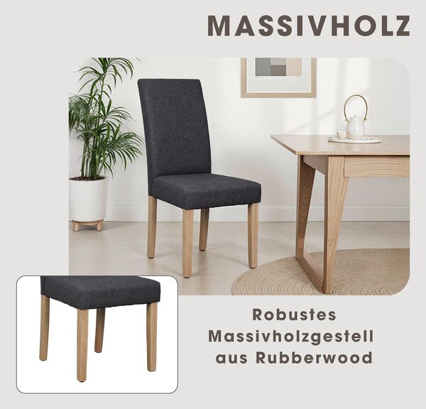 ByLIVING Jídelní židle set 2 ELIAS / Tmavě šedá tkaná látka / Přírodní rám z masivního kaučukového dřeva / Š 47, V 99,5, H 60 cm
