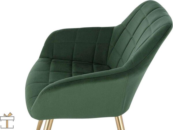 Jídelní židle samet zelená/zlatá – s područkami – čalouněná a ergonomická – styl křesla – 1 kus