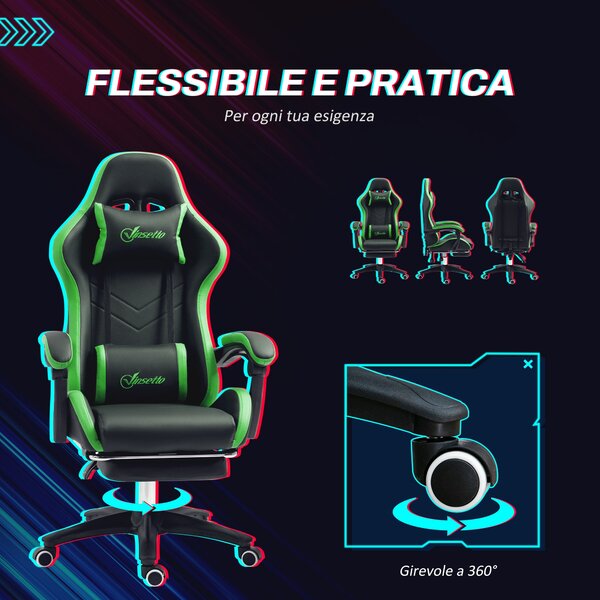 Vinsetto Ergonomická herní židle z PU kůže a oceli s opěrkou hlavy a nastavitelnou výškou, sklápěcí opěradlo a bederní polstrování, 65x65x121-129 cm