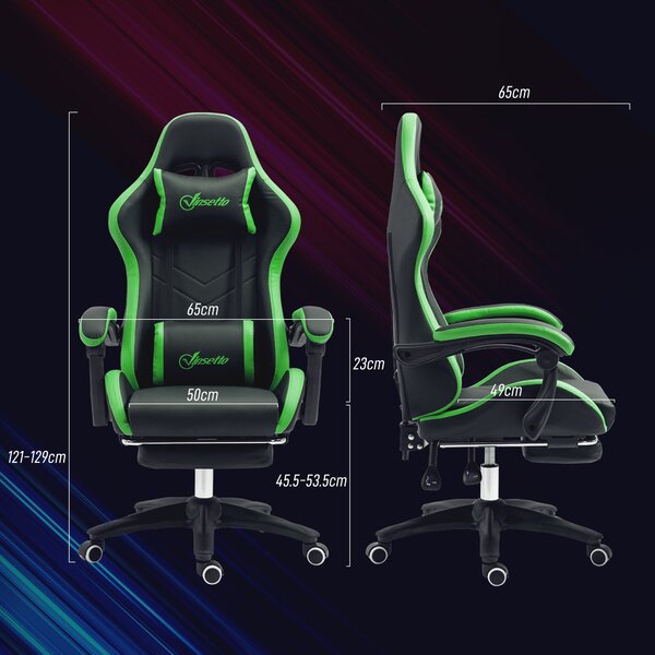 Vinsetto Ergonomická herní židle z PU kůže a oceli s opěrkou hlavy a nastavitelnou výškou, sklápěcí opěradlo a bederní polstrování, 65x65x121-129 cm