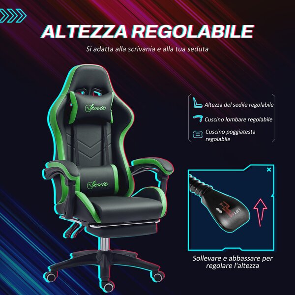 Vinsetto Ergonomická herní židle z PU kůže a oceli s opěrkou hlavy a nastavitelnou výškou, sklápěcí opěradlo a bederní polstrování, 65x65x121-129 cm
