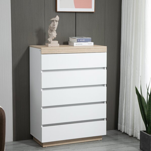 HOMCOM 5-Drawer Dřevěný Komoda s 5 Šuplíky, Komoda do Ložnice s Mechanismem proti Převisnutí, 80x40x109 cm, Bílá a dub | Aosom