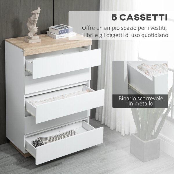 HOMCOM 5-Drawer Dřevěný Komoda s 5 Šuplíky, Komoda do Ložnice s Mechanismem proti Převisnutí, 80x40x109 cm, Bílá a dub | Aosom
