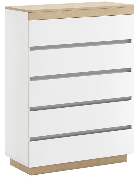 HOMCOM 5-Drawer Dřevěný Komoda s 5 Šuplíky, Komoda do Ložnice s Mechanismem proti Převisnutí, 80x40x109 cm, Bílá a dub | Aosom