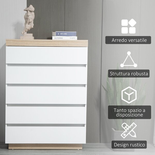 HOMCOM 5-Drawer Dřevěný Komoda s 5 Šuplíky, Komoda do Ložnice s Mechanismem proti Převisnutí, 80x40x109 cm, Bílá a dub | Aosom