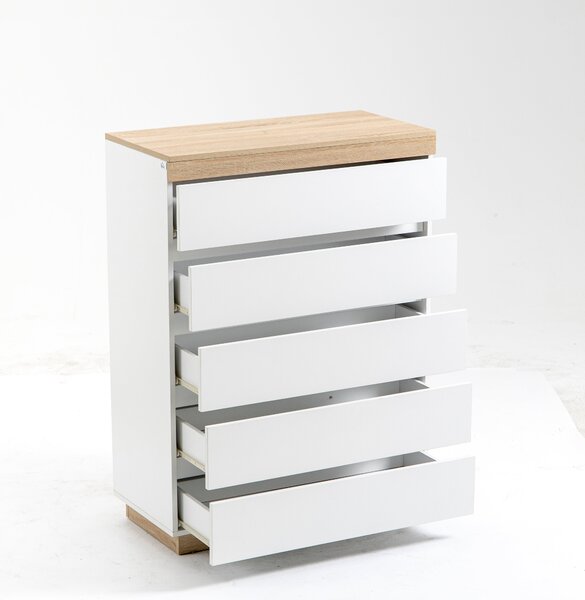 HOMCOM 5-Drawer Dřevěný Komoda s 5 Šuplíky, Komoda do Ložnice s Mechanismem proti Převisnutí, 80x40x109 cm, Bílá a dub | Aosom