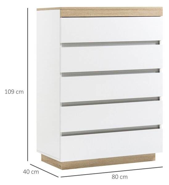 HOMCOM 5-Drawer Dřevěný Komoda s 5 Šuplíky, Komoda do Ložnice s Mechanismem proti Převisnutí, 80x40x109 cm, Bílá a dub | Aosom
