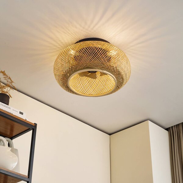 Lucande stropní ventilátor s osvětlením Cordie, DC, tichý, Ø 53 cm, stmívatelný, Světlé dřevo, Obývací pokoj / jídelna, Bambus, Venkovský / rustikální