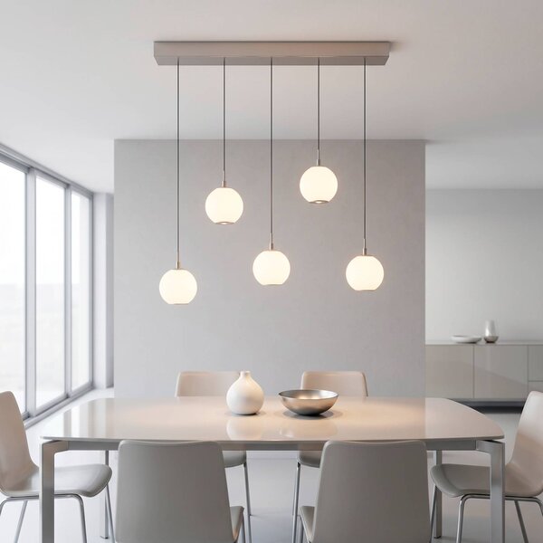 Paul Neuhaus LED závěsné světlo Sandora, písková barva, délka 92 cm, sklo, 5ramenná, stmívatelný, Krémová / jantar, Obývací pokoj / jídelna, kov, Moderní