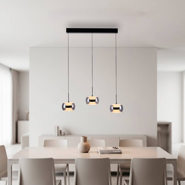 Paul Neuhaus LED závěsné světlo Fumea, délka 71 cm, černá/kouřová, sklo, 3 žárovky, stmívatelný, Černá, Obývací pokoj / jídelna, Sklo