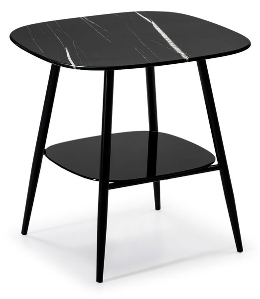 Černý odkládací stolek se skleněnou deskou v mramorovém dekoru Marckeric Alina