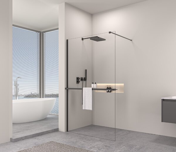 Erga Paris, sprchová zástěna Walk-In 70x200 cm s poličkou a ramínkem na ručníky, 8mm čiré sklo, černý profil, ERG-V02-PARIS-070x200-CL-BK-BAR