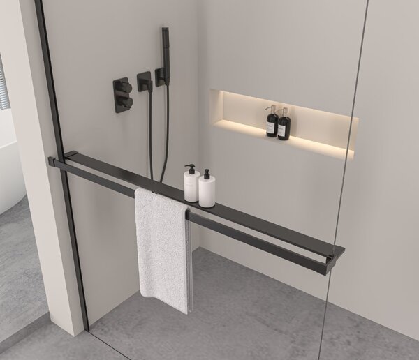 Erga Paris, sprchová zástěna Walk-In 70x200 cm s poličkou a ramínkem na ručníky, 8mm čiré sklo, černý profil, ERG-V02-PARIS-070x200-CL-BK-BAR