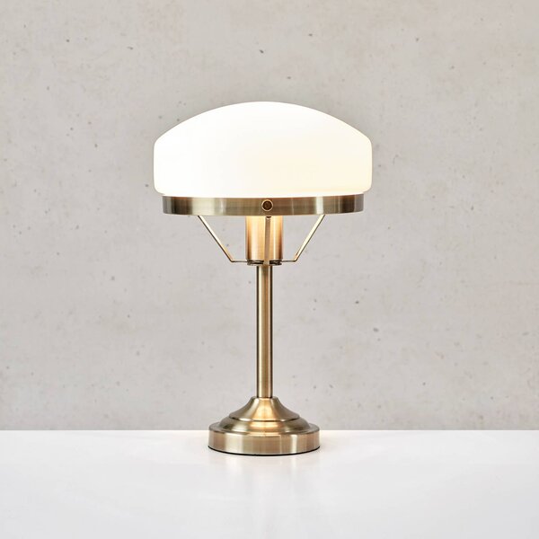 Markslöjd Stolní lampa Aurelia, staromozolévá/bílá, sklo, E27, stmívatelný, Mosaz / zlato, Obývací pokoj / jídelna, Sklo, Starožitný