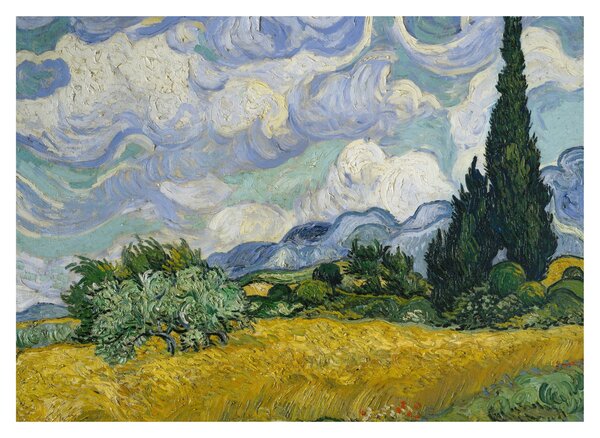 Skleněný obraz - Vincent van Gogh, Wheat Field with Cypresses, reprodukce (70x50 cm)