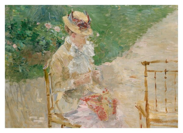 Skleněný obraz - Berthe Morisot, Young Woman Knitting, reprodukce (70x50 cm)