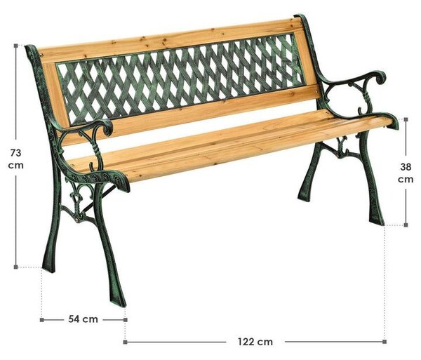Zahradní lavice 122 cm, dřevo/litina, 2-místná