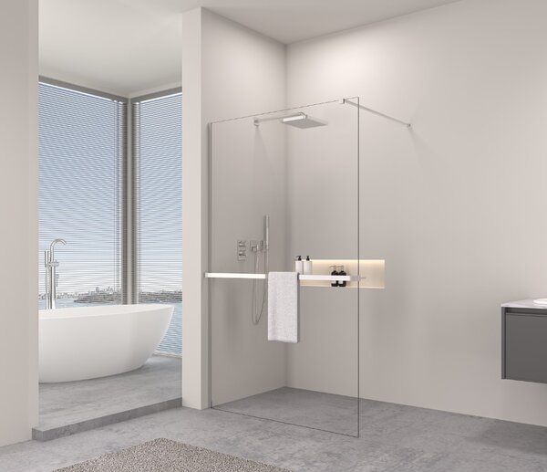 Erga Paris, sprchová zástěna Walk-In 70x200 cm s poličkou a ramínkem na ručníky, 8mm čiré sklo, chromový profil, ERG-V02-PARIS-070x200-CL-CR-BAR
