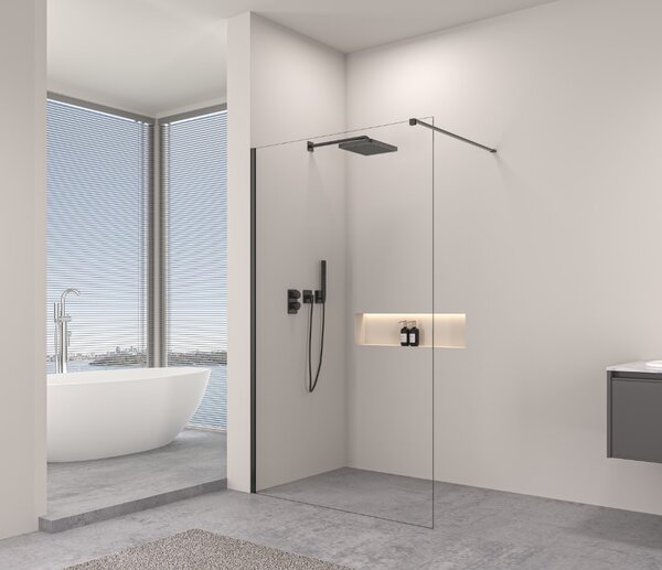 Erga Paris, sprchová zástěna Walk-In 70x200 cm, 8mm čiré sklo, černý profil, ERG-V02-PARIS-070x200-CL-BK