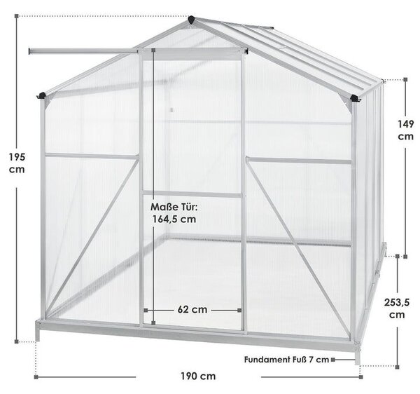 Polykarbonátový skleník 253 × 190 cm (4,75 m²) se základnou