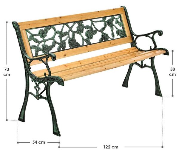 Zahradní lavice 122 cm, motiv růží, dřevo/litina