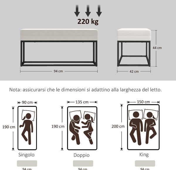 HOMCOM Moderní a Minimalistická Lavice do Předsíně s Nastavitelnými Nohy, Čalouněná Lavice do Ložnice z Sametu a Oceli, 94x42x44 cm, Krémová | Aosom