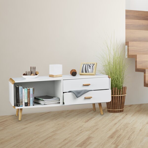Komoda Relaxdays se zaoblenými rohy a 2 zásuvkami, dlouhá nízká skříňka s nohami, plochá TV skříňka VxŠxH 48 x 120 x 40 cm, bílá