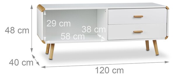 Komoda Relaxdays se zaoblenými rohy a 2 zásuvkami, dlouhá nízká skříňka s nohami, plochá TV skříňka VxŠxH 48 x 120 x 40 cm, bílá