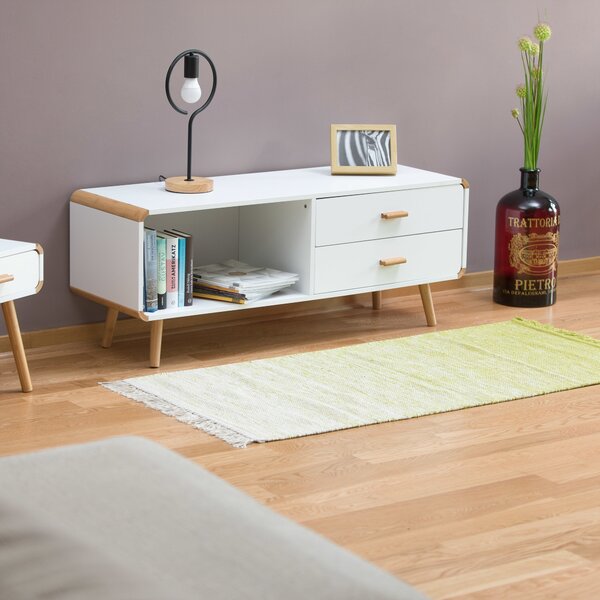Komoda Relaxdays se zaoblenými rohy a 2 zásuvkami, dlouhá nízká skříňka s nohami, plochá TV skříňka VxŠxH 48 x 120 x 40 cm, bílá