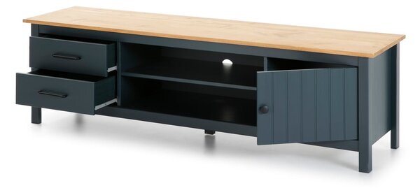 Tmavě modrý TV stolek z borovicového dřeva 158x47 cm Miranda – Marckeric