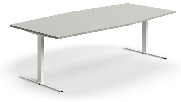 AJ Produkty Jednací stůl QBUS, T-nohy, 2400x1200 mm, tvar člunu, bílá podnož, světle šedá