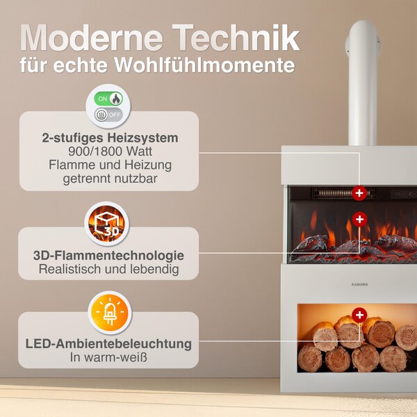Elektrický krb KAMINIO HENRI s kouřovodem – elektrický krb s topením, 3D efektem plamenů, LED ambientním osvětlením, přihrádkou na dřevo, dálkovým ovládáním – bílý