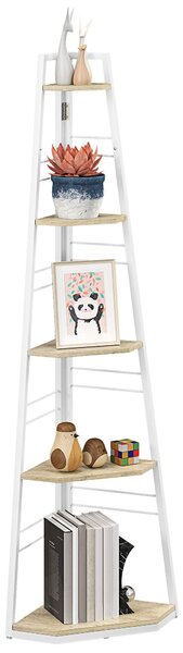 HOMCOM 5-patrový rohový knihovna, moderní skládací police s nastavitelnými nohami, ocelová a dřevěná knihovna, 37,5x37,5x160 cm, dřevěná barva | Aosom