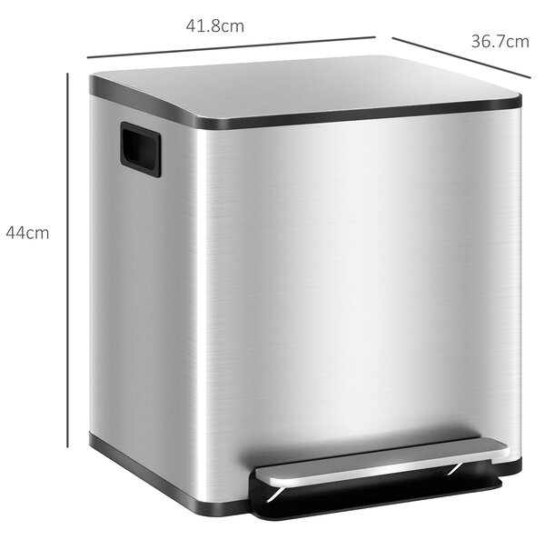 HOMCOM Koš na odpadky s pedalem 15L, 2 přihrádky, měkké zavírání víka, nerezová ocel a PP, 41,8x36,7x44 cm, stříbrný | Aosom