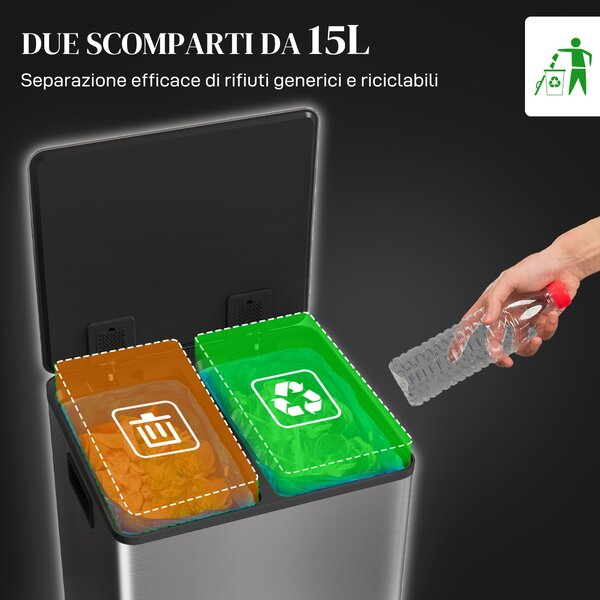 HOMCOM Koš na odpadky s pedalem 15L, 2 přihrádky, měkké zavírání víka, nerezová ocel a PP, 41,8x36,7x44 cm, stříbrný | Aosom