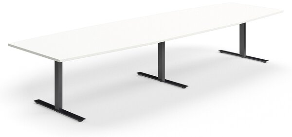 AJ Produkty Jednací stůl QBUS, T-nohy, 4000x1200 mm, tvar člunu, černá podnož, bílá