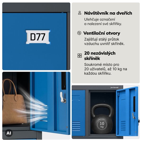 Šatní skříň s 20 uzamykatelnými boxy, antracitovo-modrá, 1360x1720x450 mm: ROBERT