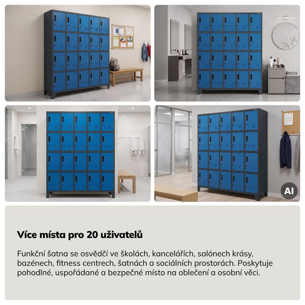 Šatní skříň s 20 uzamykatelnými boxy, antracitovo-modrá, 1360x1720x450 mm: ROBERT