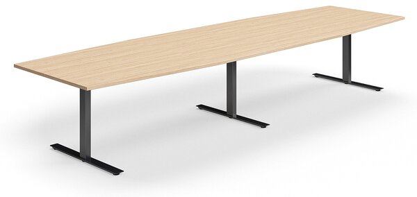 AJ Produkty Jednací stůl QBUS, T-nohy, 4000x1200 mm, tvar člunu, černá podnož, dub