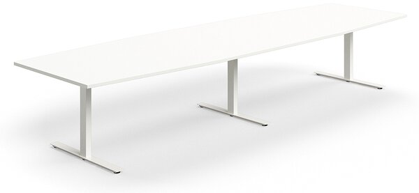 AJ Produkty Jednací stůl QBUS, T-nohy, 4000x1200 mm, tvar člunu, bílá podnož, bílá