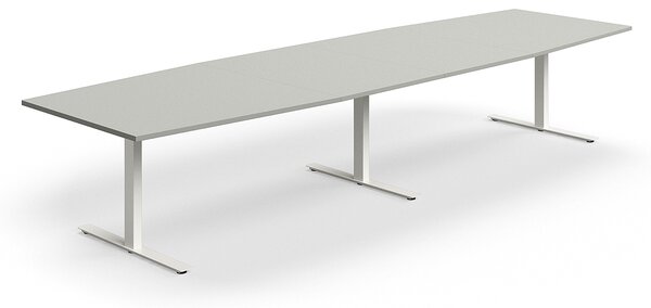 AJ Produkty Jednací stůl QBUS, T-nohy, 4000x1200 mm, tvar člunu, bílá podnož, světle šedá